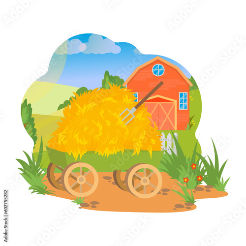 A big wagon with hay and a barn on the background of nature. Rural buildings. Tower. Vector illustration on a white background.