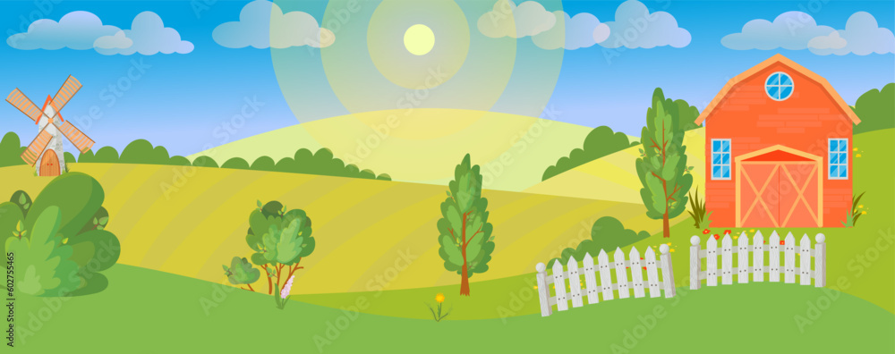 Panorama with a farm. Agriculture. Background with beautiful sunny nature, fields, trees and farm buildings. Wind illustration.