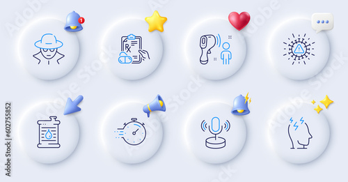 Oil barrel, Stress and Timer line icons. Buttons with 3d bell, chat speech, cursor. Pack of Fraud, Coronavirus, Prescription drugs icon. Microphone, Electronic thermometer pictogram. Vector