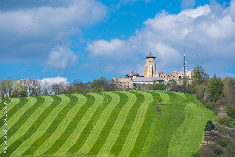 Europe, Slovakia, Stara Lubovna, Altlublau - castle and Perfectly striped freshly mowed grass meadow in spring.