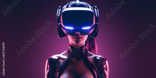 Beautiful Woman in VR heads goggles plays in neon, futuristic background space. AI Generated