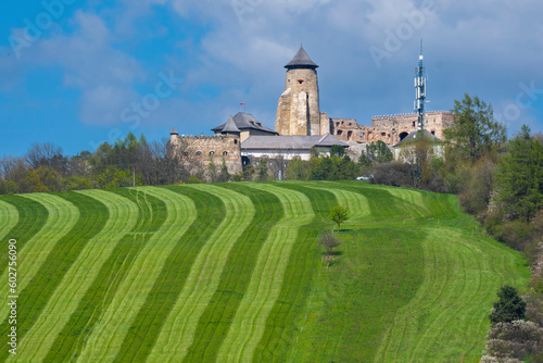 Europe, Slovakia, Stara Lubovna, Altlublau - castle and Perfectly striped freshly mowed grass meadow in spring. © Martin