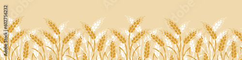 Vector Seamless Horizontal Border Pattern of Grain Spikes, Ears of Wheat, Barley or Rye. Great for Wrapping Paper, Bread Packaging, Design of Bakery, Beer labels etc
