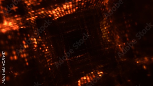 Futuristic orange neon cubes tunnel. Abstract 3D illustration of square drift in lights tube. Cyber and blockchain network technology design landing page and product showcase background.