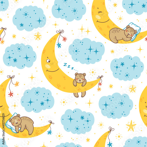 Vector Cute Teddy Bears Seamless Pattern. Childish Background with Sleeping Little Bear Cubs on Moon with Stars and Clouds. Baby Colorful Wallpaper. Great for Baby Pajamas or Bedding.