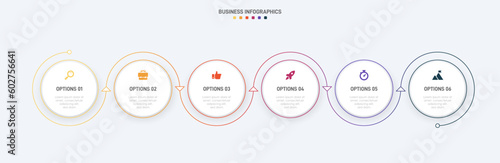 Timeline infographic with infochart. Modern presentation template with 6 spets for business process. Website template on white background for concept modern design. Horizontal layout.