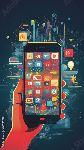 Capture the essence of social media engagement with a close-up shot of a person's hand holding a smartphone, displaying a trending social media app, while surrounded by icons AI GENERATED