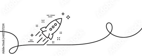 Startup rocket line icon. Continuous one line with curl. Launch Project sign. Innovation symbol. Startup rocket single outline ribbon. Loop curve pattern. Vector