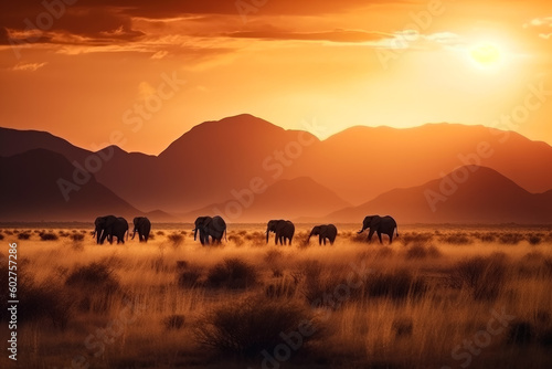 Savanna animal silhouettes on sunset. Wildlife african illustration. generative ai.