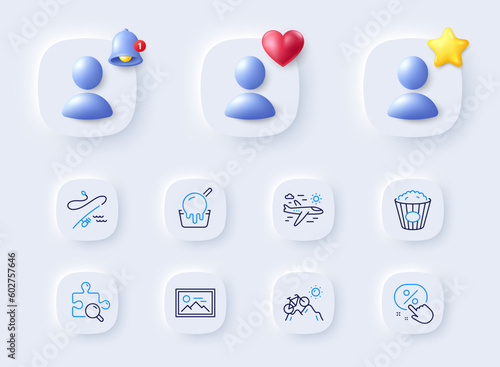 Discount button, Fishing rod and Airplane travel line icons. Placeholder with 3d bell, star, heart. Pack of Search puzzle, Mountain bike, Photo icon. Ice cream, Popcorn pictogram. Vector