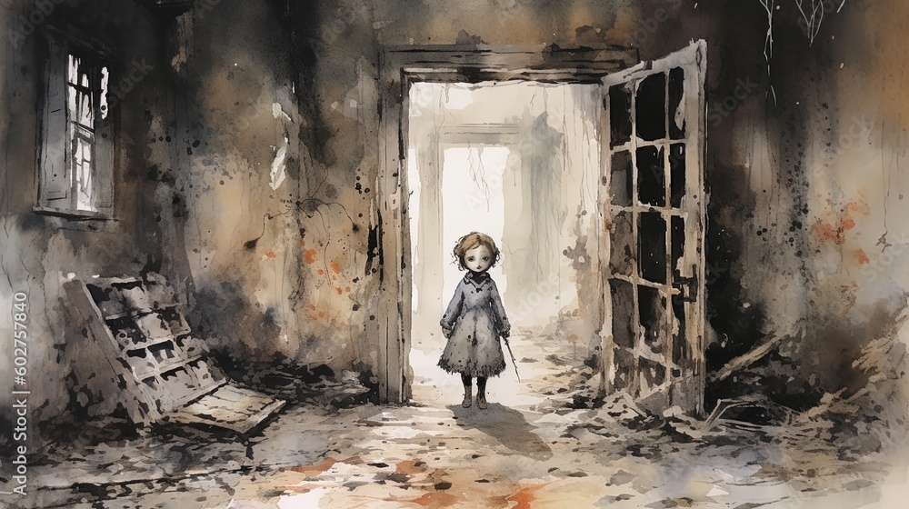A creepy doll in an old abandoned house. Dark fantasy concept, in the style of painting. Generative AI