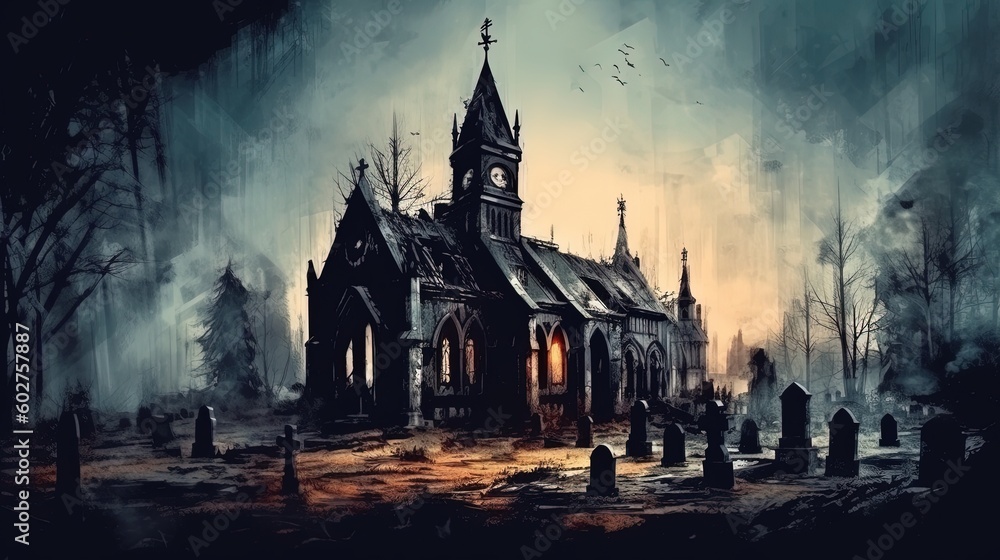 A creepy old church with a graveyard. Dark fantasy concept, in the style of painting. Generative AI A creepy old church with a graveyard. Dark fantasy concept, in the style of painting. Generative AI