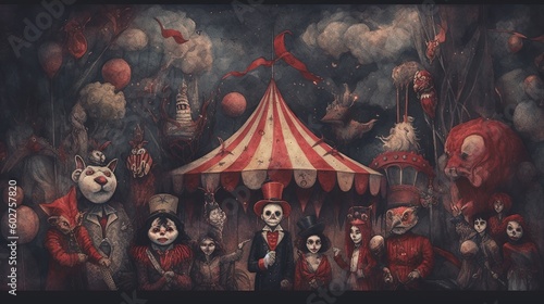 A creepy circus with sinister performers. Dark fantasy concept, in the style of painting. Generative AI photo