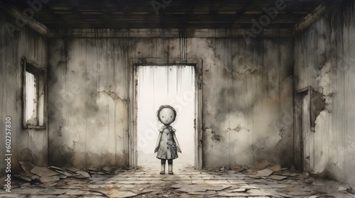 A creepy doll in an old abandoned house. Dark fantasy concept  in the style of painting. Generative AI