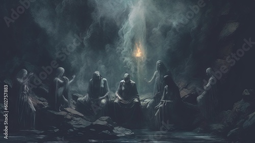 A cult performing a dark ritual in a cave. Dark fantasy concept, in the style of painting. Generative AI photo