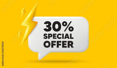 30 percent discount offer tag. 3d speech bubble banner with power energy. Sale price promo sign. Special offer symbol. Discount chat speech message. 3d offer talk box. Vector