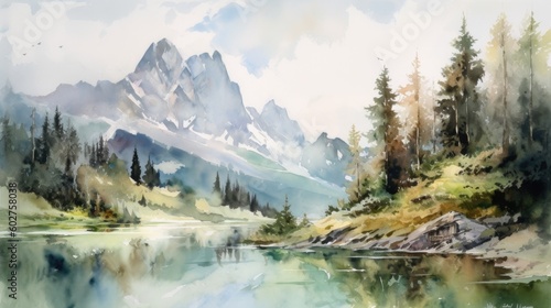 illustration of the alps with beautiful lake in front of it, watercolor masterpiece,Generative AI. © Nokhoog