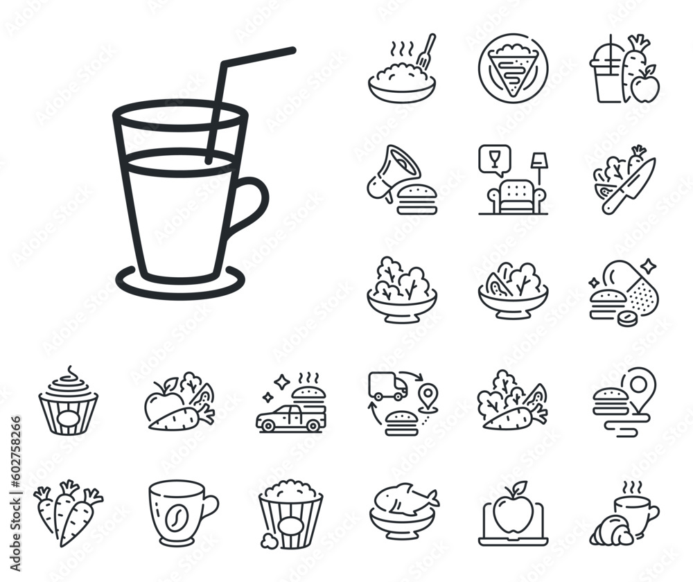 Fresh drink sign. Crepe, sweet popcorn and salad outline icons. Coffee or Cocktail line icon. Beverage symbol. Cocktail line sign. Pasta spaghetti, fresh juice icon. Supply chain. Vector Fresh drink sign. Crepe, sweet popcorn and salad outline icons. Coffee or Cocktail line icon. Beverage symbol. Cocktail line sign. Pasta spaghetti, fresh juice icon. Supply chain. Vector