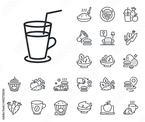 Fresh drink sign. Crepe, sweet popcorn and salad outline icons. Coffee or Cocktail line icon. Beverage symbol. Cocktail line sign. Pasta spaghetti, fresh juice icon. Supply chain. Vector