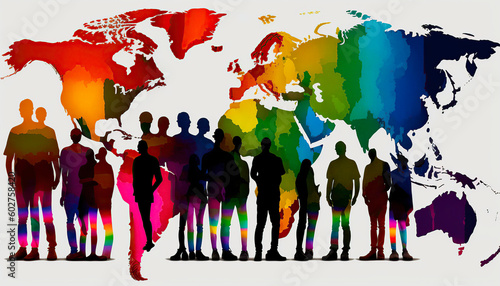 abstract watercolor background, Image combining the colors of the lgtb flag, silhouettes of people and world map. Concept lgtb rights. Image created with ai