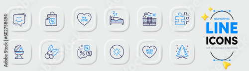 Discounts chat, Hotel and No sun line icons for web app. Pack of Christmas tree, Sleep, Puzzle pictogram icons. Smile chat, Grill, My love signs. Sale bags, Miss you, Christmas holly. Vector