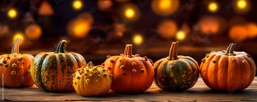 Festive autumn decor of pumpkins, on wooden table. Wide banner concept of Thanksgiving day or Halloween, generative ai - obrazy, fototapety, plakaty 