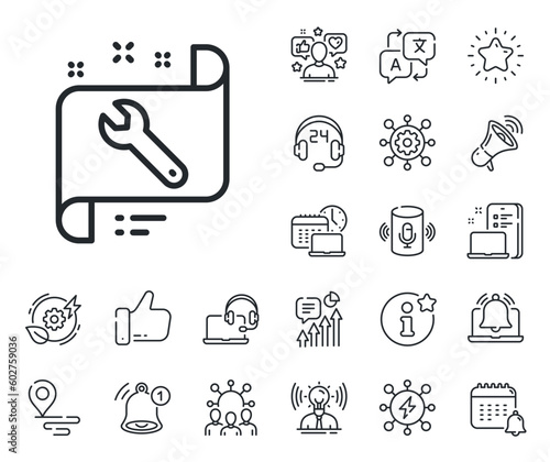 Repair service blueprint sign. Place location, technology and smart speaker outline icons. Spanner tool line icon. Fix instruments symbol. Spanner line sign. Influencer, brand ambassador icon. Vector