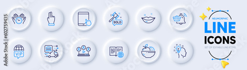 Vip internet, Click hand and Auction hammer line icons for web app. Pack of Video conference, Internet book, Lips pictogram icons. Safe time, Fruits, Food delivery signs. Idea, Tablet pc. Vector