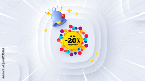 Sale 20 percent off banner. Neumorphic offer 3d banner, poster. Discount sticker shape. Coupon bubble icon. Sale 20 percent promo event background. Sunburst banner, flyer or coupon. Vector