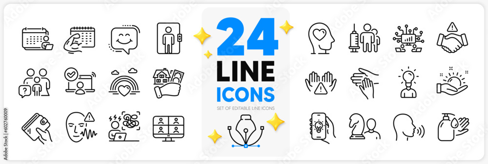 Icons set of Video conference, Wallet and Family questions line icons pack for app with Wash hands, Elevator, Electric app thin outline icon. Medical vaccination, Clean hands. Vector