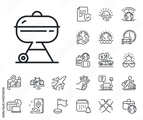 Barbecue cooker for cooking food sign. Plane jet, travel map and baggage claim outline icons. Grill line icon. Meat brazier symbol. Grill line sign. Car rental, taxi transport icon. Vector