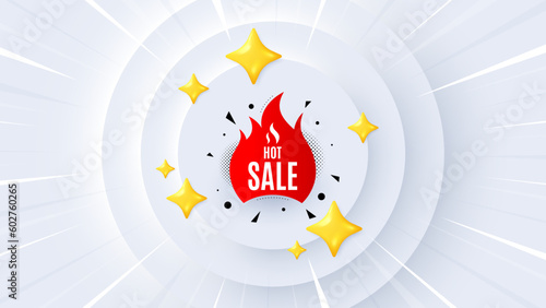 Hot sale banner. Neumorphic offer 3d banner, coupon. Discount sticker shape. Coupon tag icon. Hot sale promo event background. Sunburst banner, flyer or poster. Vector