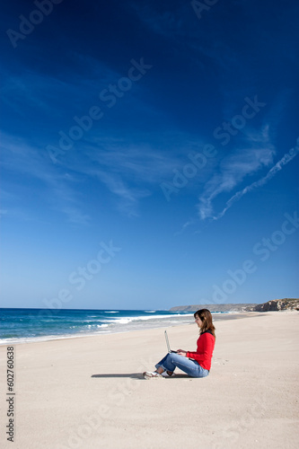 Woman working with a laptop on the beach © Designpics