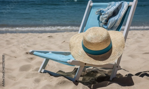  a hat is sitting on a beach chair on the sand.  generative ai