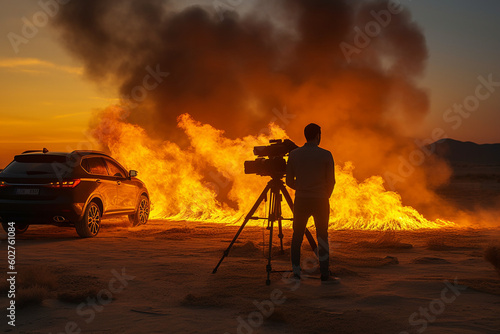 Behind the Scenes of action movie production. Car burning with smoke in desert. Camera and actor silhouette. AI generated art 
