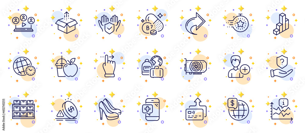 Outline set of Insurance hand, Biotin vitamin and Protection shield line icons for web app. Include Juice, Time zone, Video conference pictogram icons. Inflation, Baggage, Storage signs. Vector Outline set of Insurance hand, Biotin vitamin and Protection shield line icons for web app. Include Juice, Time zone, Video conference pictogram icons. Inflation, Baggage, Storage signs. Vector