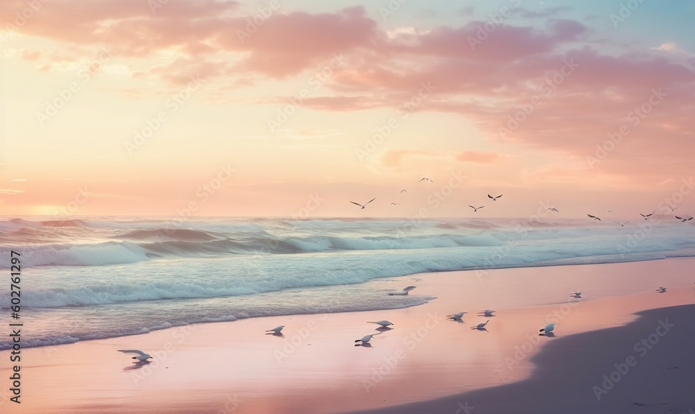  a flock of seagulls flying over a beach at sunset.  generative ai