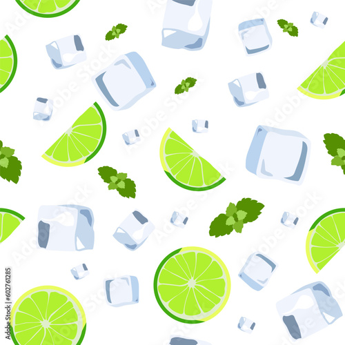 Top view lemonade wallpaper. Mojito cocktail seamless pattern. Illustration with ice cube, mint and lime. Fresh summer time print or textile, prints, banner, party invitation or packaging design