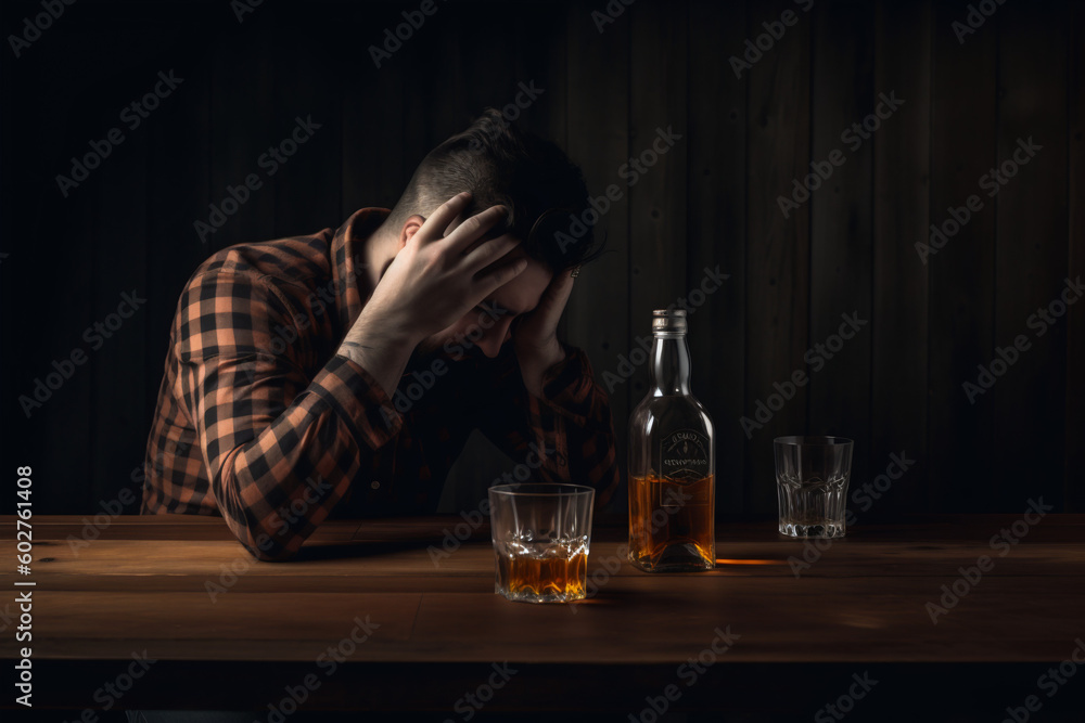 Sad man with a bottle of whiskey on the table. Generative AI