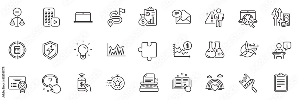 Icons pack as Technical documentation, New mail and Journey line icons for app include Phone app, Certificate, Ethics outline thin icon web set. Light bulb, Clipboard, Paint roller pictogram. Vector