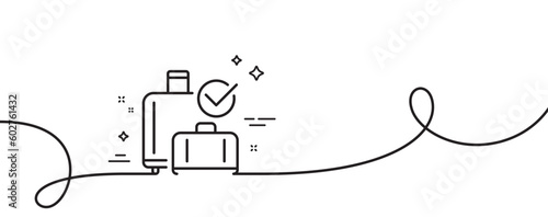 Airport baggage reclaim line icon. Continuous one line with curl. Airplane check in luggage sign. Flight checked bag symbol. Baggage reclaim single outline ribbon. Loop curve pattern. Vector