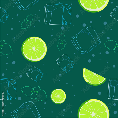 Top view lemonade wallpaper. Mojito cocktail seamless pattern. Illustration with ice cube, mint and lime. Fresh summer time print or textile, prints, banner, party invitation or packaging design
