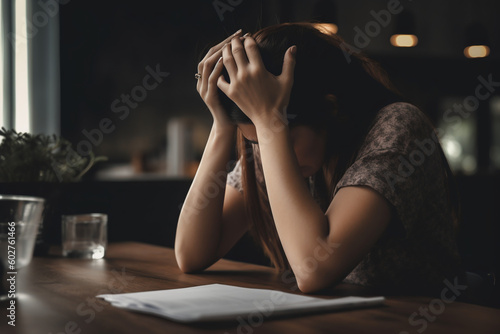 Desperate woman while looking at papers on his desk. Generative AI