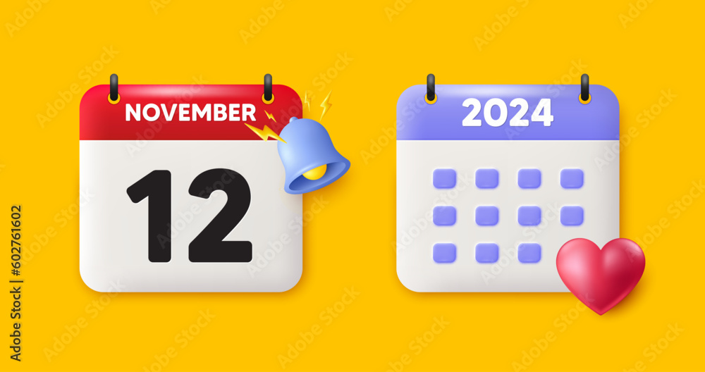 Calendar date 3d icon. 12th day of the month icon. Event schedule date. Meeting appointment time. 12th day of November month. Calendar event reminder date. Vector Calendar date 3d icon. 12th day of the month icon. Event schedule date. Meeting appointment time. 12th day of November month. Calendar event reminder date. Vector