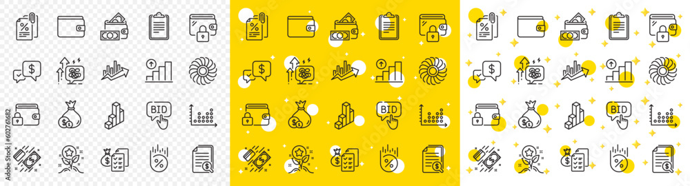 Outline Loyalty points, Cash and Clipboard line icons pack for web with Money wallet, Dot plot, Payment line icon. Payment received, Tax documents, Accounting wealth pictogram icon. Vector