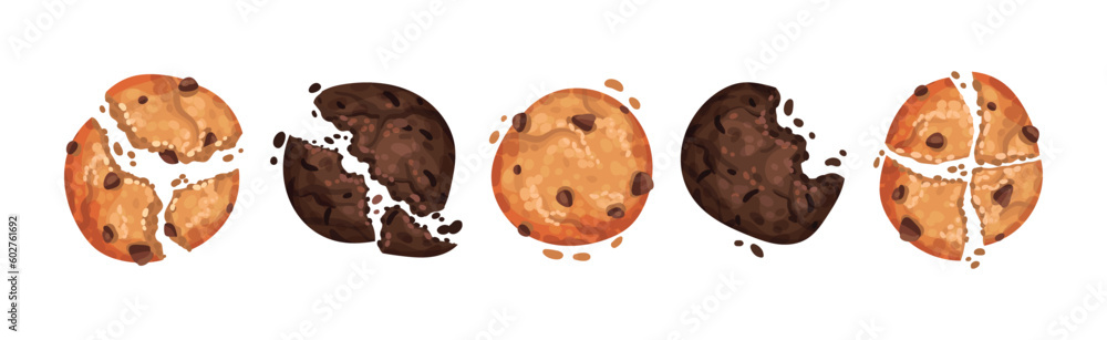Chocolate Cookies with Drops and Crumbs Vector Set Chocolate Cookies with Drops and Crumbs Vector Set