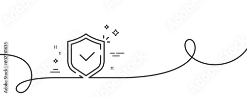 Shield line icon. Continuous one line with curl. Privacy secure sign. Safe defense symbol. Shield single outline ribbon. Loop curve pattern. Vector