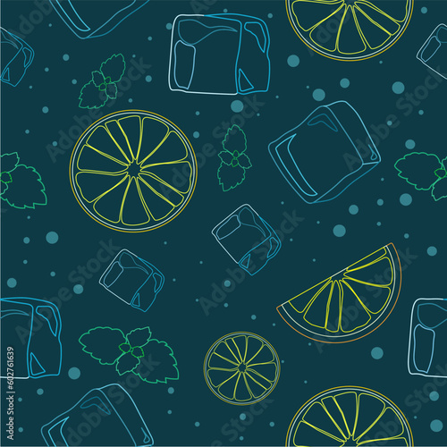 Top view lemonade wallpaper. Mojito cocktail seamless pattern. Illustration with ice cube, mint and lime. Fresh summer time print or textile, prints, banner, party invitation or packaging design