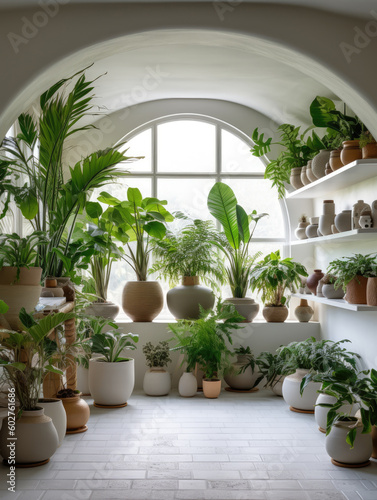 Beautiful green plants in pots on the shelves in room with window. AI generation Generative AI
