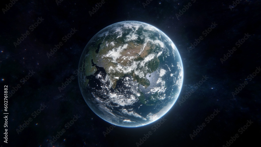 Obraz premium Earth in space. Blue planet wallpaper facing Asia. 3D illustration of Globe on star field background with starry sky in interstellar space. Elements of this image furnished by NASA.